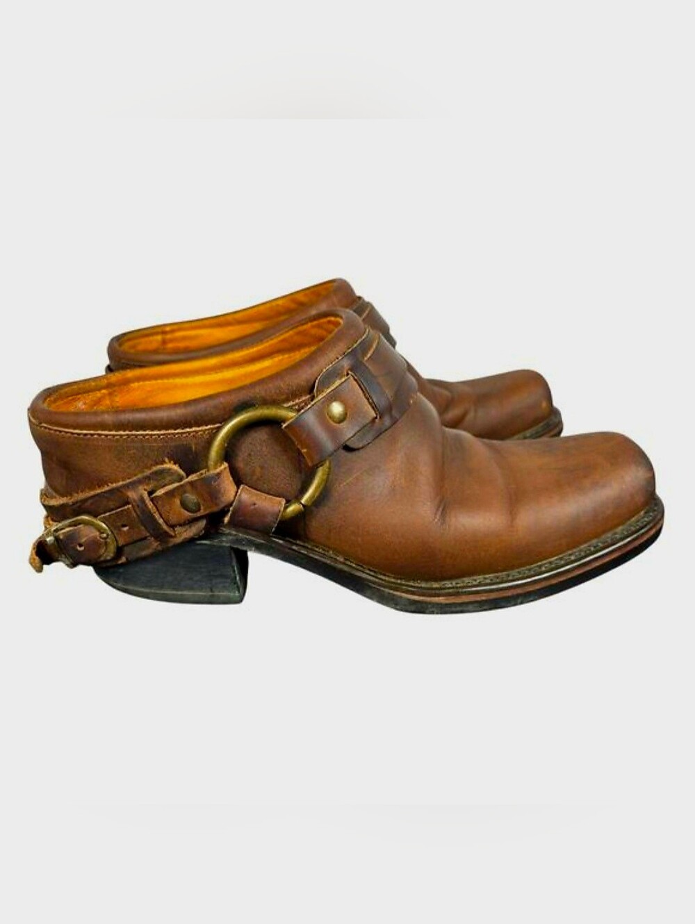 Frye Belted Harness Mules Womens 8 Brown Leather Western Biker Indie Farm Clog